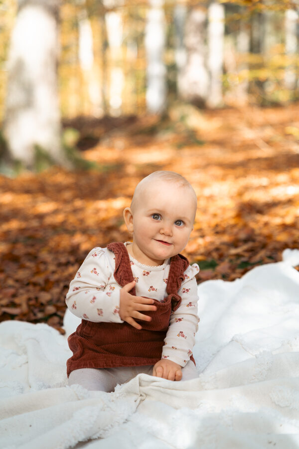 Baby sitzt auf Decke im Herbstlaub